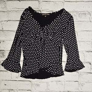 Almost Famous Polka Dot Ruffle Sleeve Peplum Top Black/White Size M